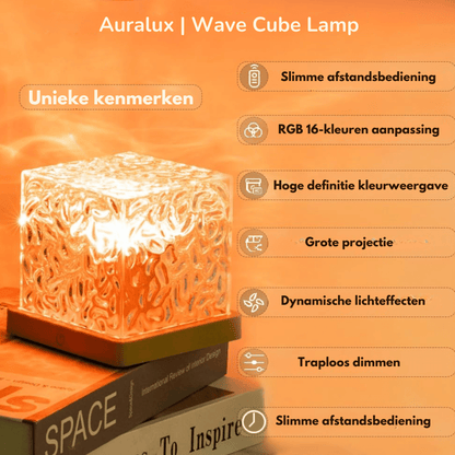 Orange-lit cube lamp resting on stacked books, beside a list of feature icons covering remote control, colour options, dimming and projection. 7
