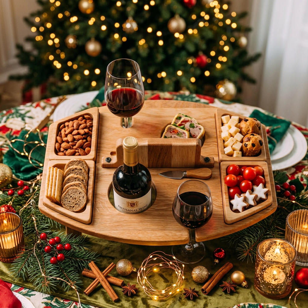 Top view of the wooden board on a festive table, with wine, nuts, bread and snacks 3