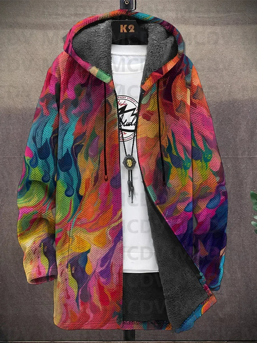 Jacket on a hanger in a vivid abstract print of flowing pink, orange, green and blue shapes 3