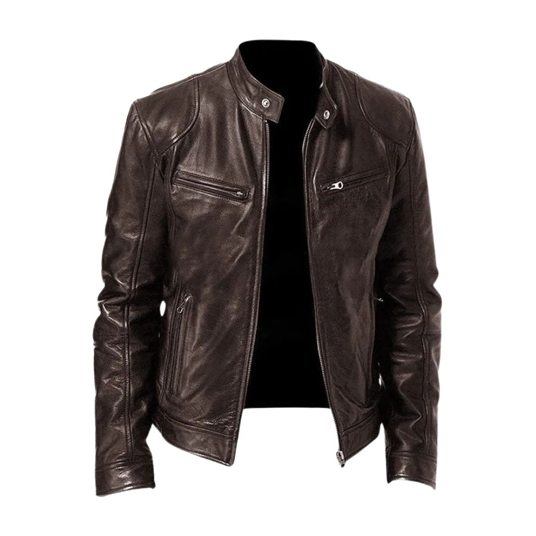 Dark brown version of the stand-collar leather jacket, shown unzipped from the front with snap collar tabs and zipped pockets. 2