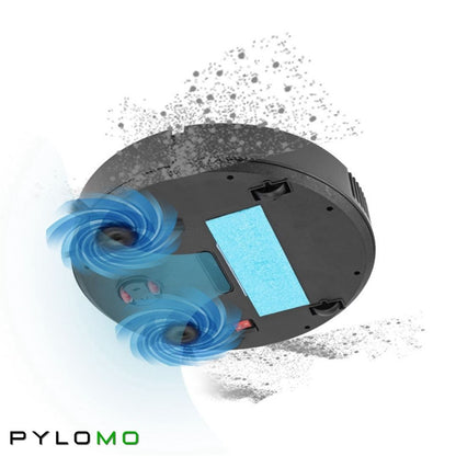 Tilted underside of the robot cleaner with a blue mopping pad, red switch and swirling airflow graphics lifting dust. 7