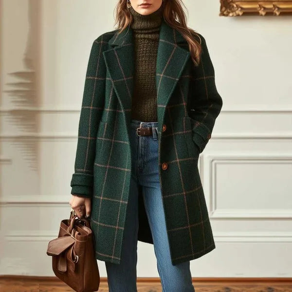 Model in a panelled room wears the dark green checked coat with jeans and a brown handbag 3