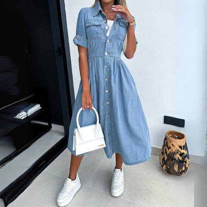 Fashionable Denim Dress with Short Sleeves - DenimCharm
