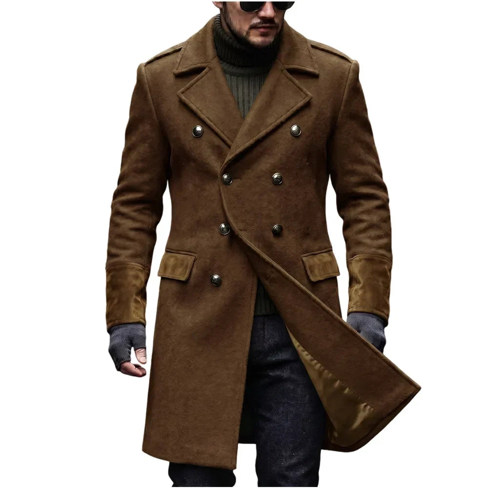 Brown overcoat worn by a model in sunglasses, with the front panel swung open to show the lining 3