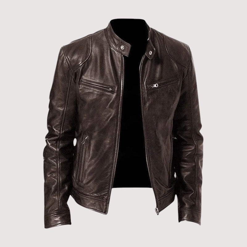 Dark brown version of the leather biker jacket from the front, unzipped 6