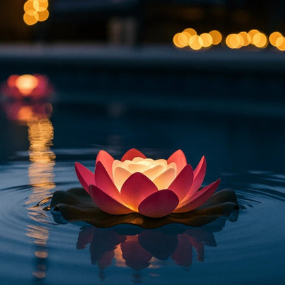 Close-up of a single glowing red and pink lotus light floating on dark rippling water at night 9