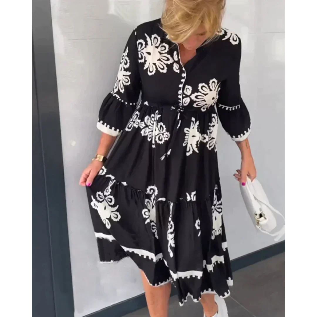 Trendy autumn dress with floral print and three-quarter sleeves – Elin