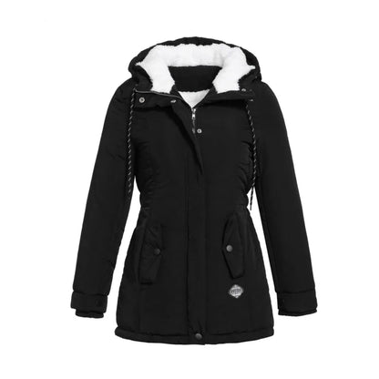 Black jacket laid flat from the front, showing cream fleece-lined hood, zip, waist drawcord and flap pockets 3