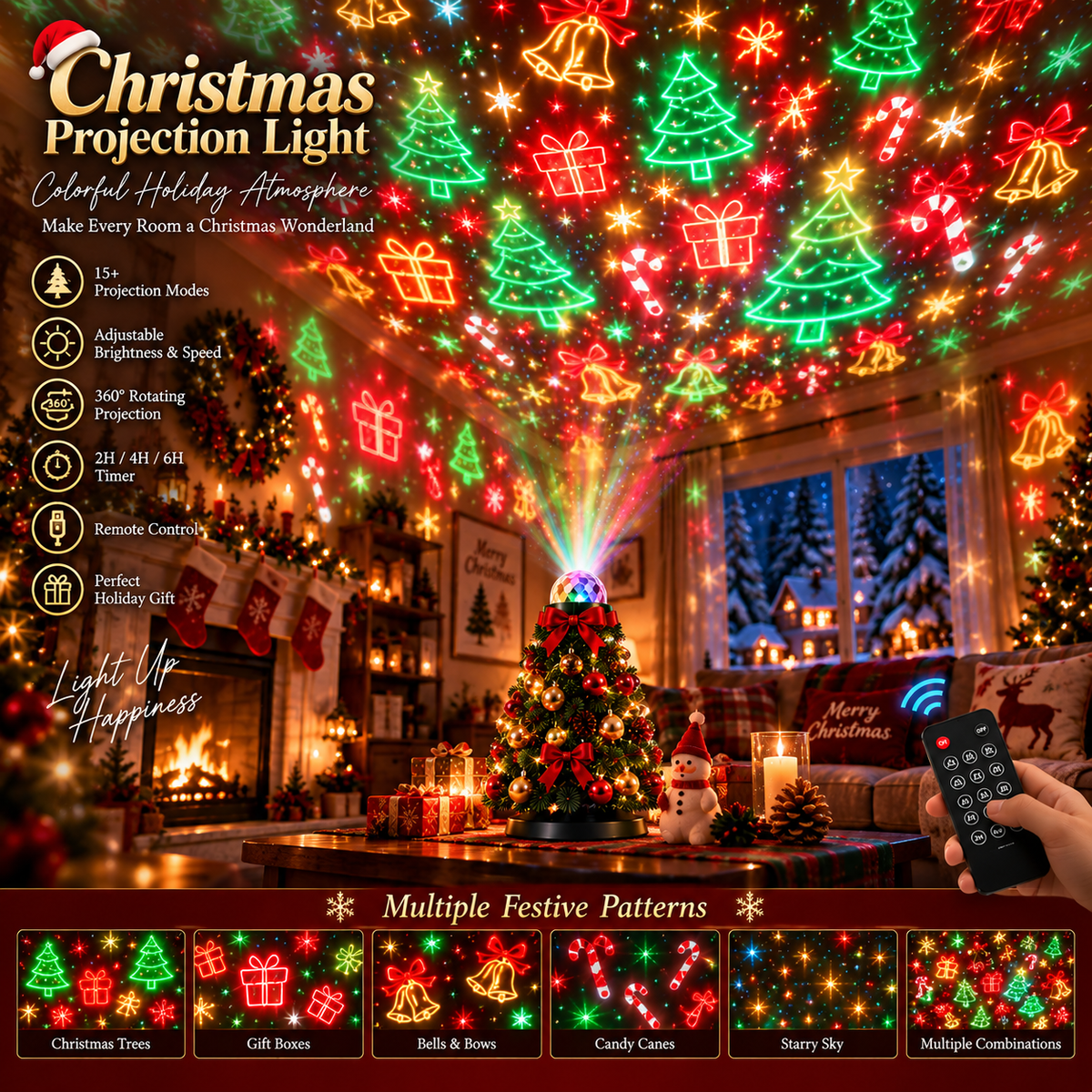 Projector scattering red and green trees, gift boxes, bells and candy canes over a festive living room 3