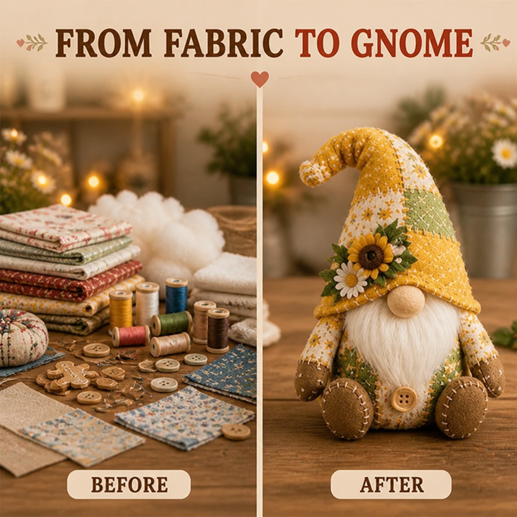 Before-and-after comparison of folded fabrics, thread and buttons beside the finished yellow sunflower gnome 4