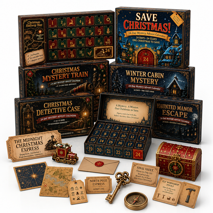 All six themed calendar boxes grouped together with the open drawer tray and puzzle props: toy train, brass key, treasure chest, compass and cards. 4