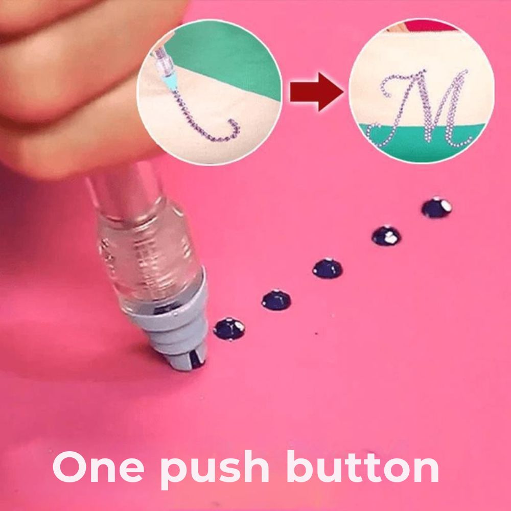Pen pressed on a pink surface, placing dark gems in a line, with a finished lettering inset 3