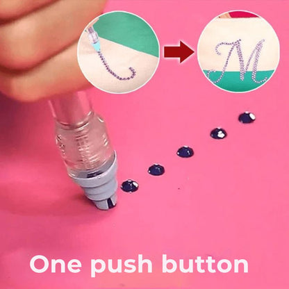 Pen pressed on a pink surface, placing dark gems in a line, with a finished lettering inset 3