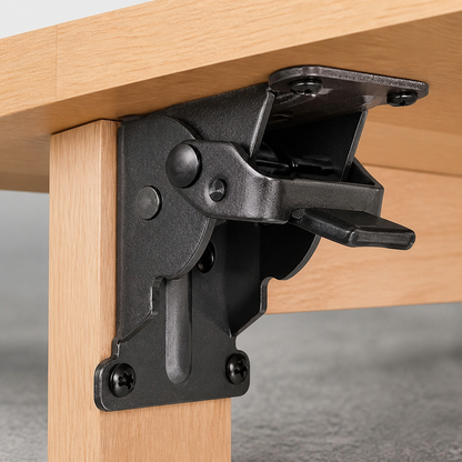 Black folding bracket fixed between a light wooden leg and the underside of a tabletop, shown unfolded and locked. 4