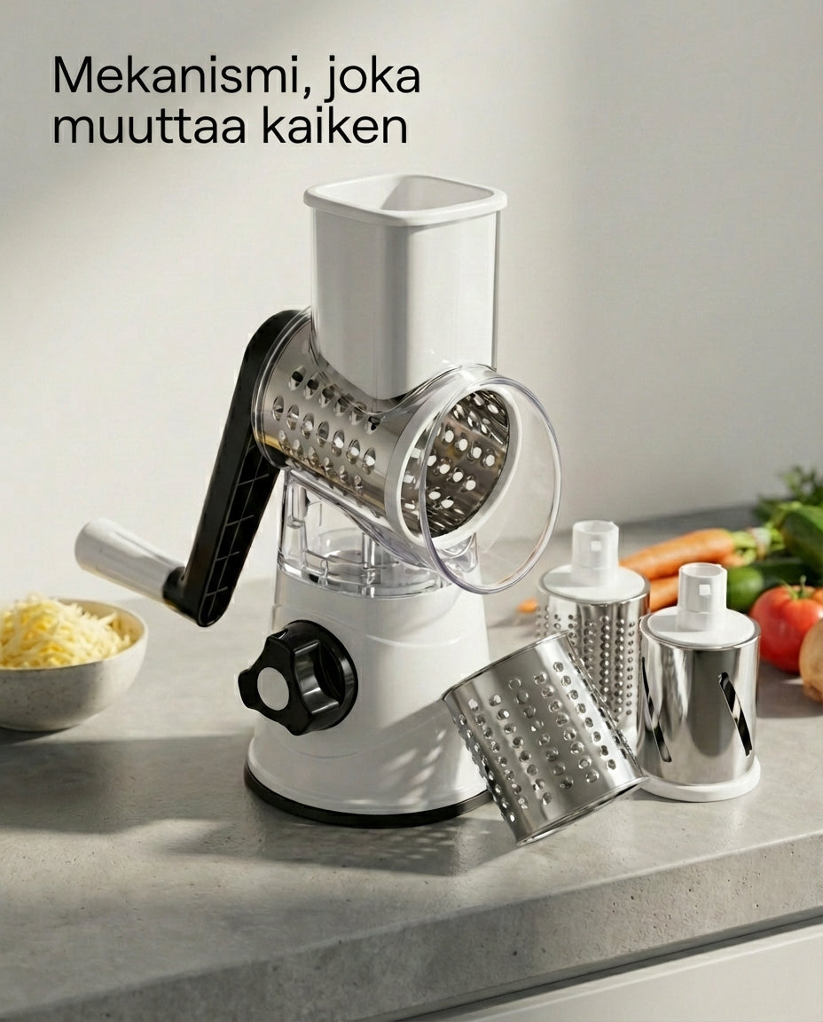 White rotary chopper with a black handle beside a bowl of grated cheese, with spare steel drums and vegetables on a grey worktop. 5