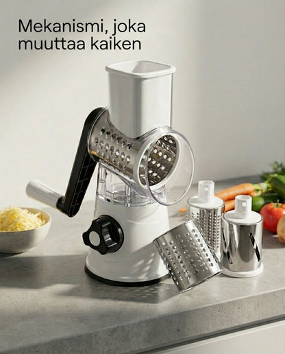 White rotary chopper with a black handle beside a bowl of grated cheese, with spare steel drums and vegetables on a grey worktop. 5