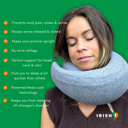 Woman with eyes closed wearing the grey pillow wrapped around her neck and chin, shown beside a list of comfort benefits. 4