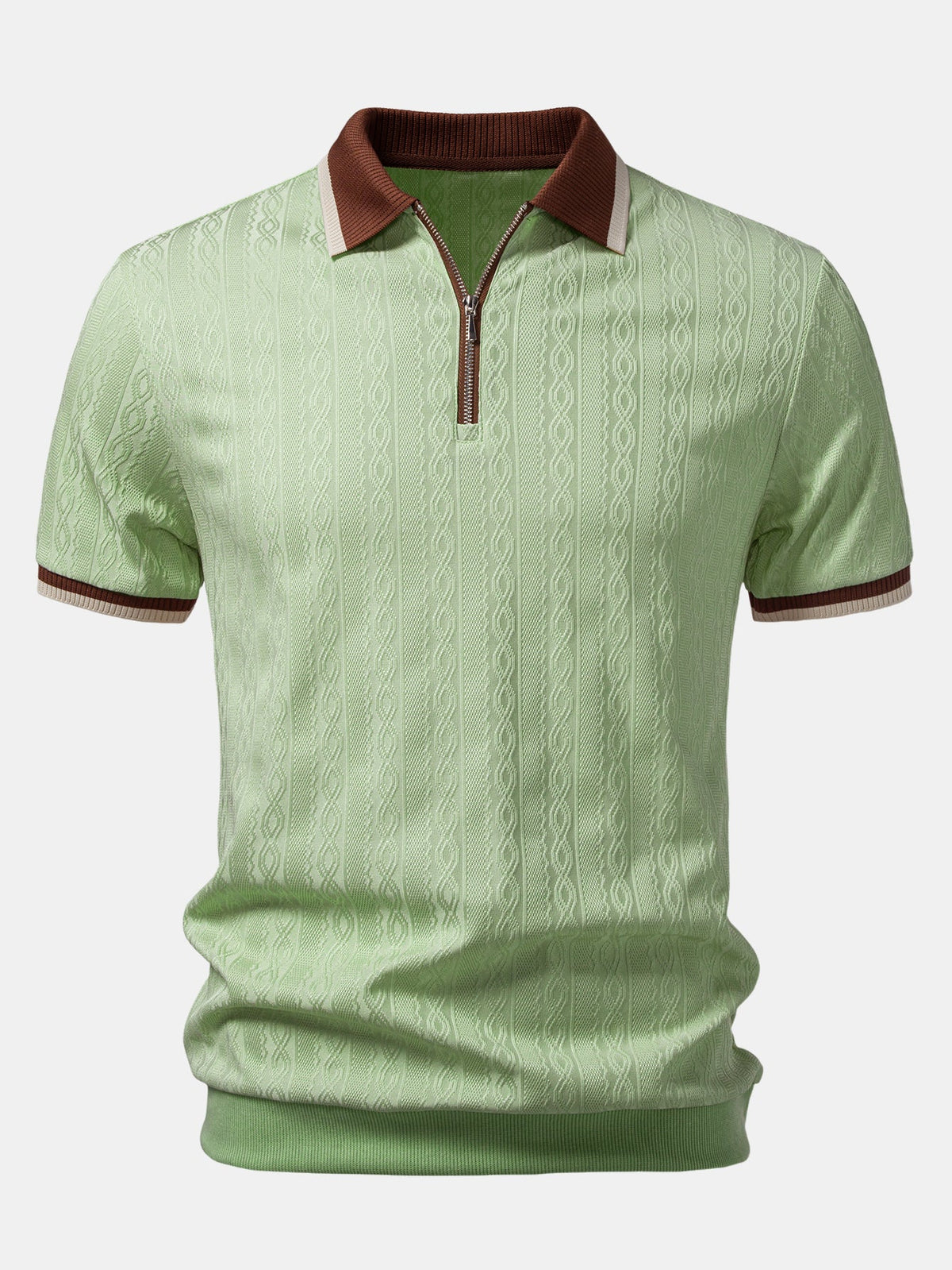 Front view of the light green version with brown collar, zip placket and cream-edged striped cuffs. 7