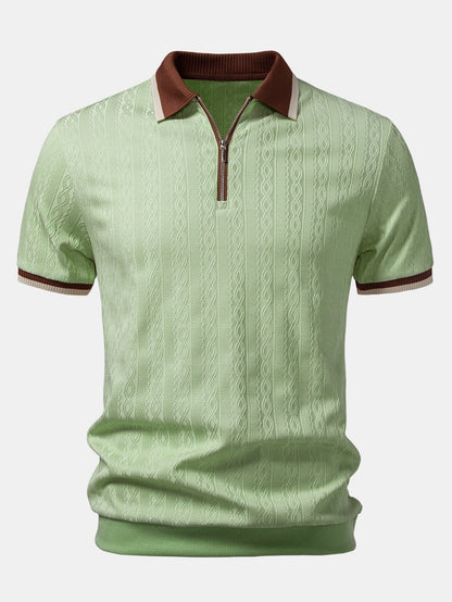 Front view of the light green version with brown collar, zip placket and cream-edged striped cuffs. 7