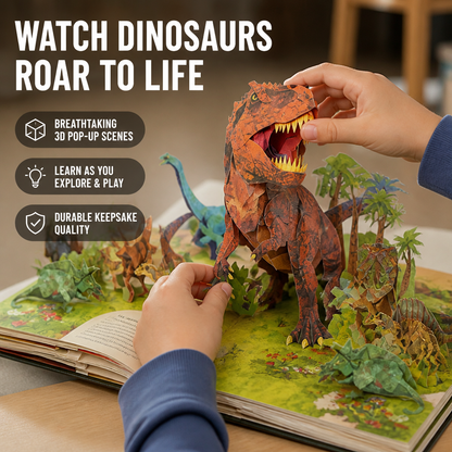Close-up of two children's hands holding a paper T. rex among pop-up dinosaurs and palm trees 4