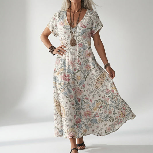 Model in a cream V-neck midi dress with a delicate pink, blue and yellow floral and paisley print, worn with a long pendant necklace. 1