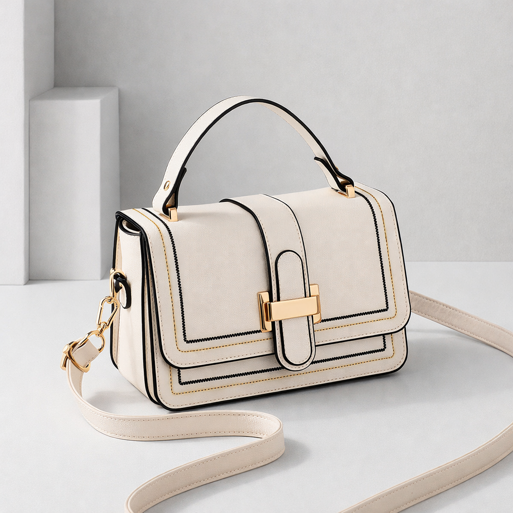 Cream flap bag with top handle, gold clasp and contrast stitching, shown at an angle with its long strap curled on a pale studio set. 1