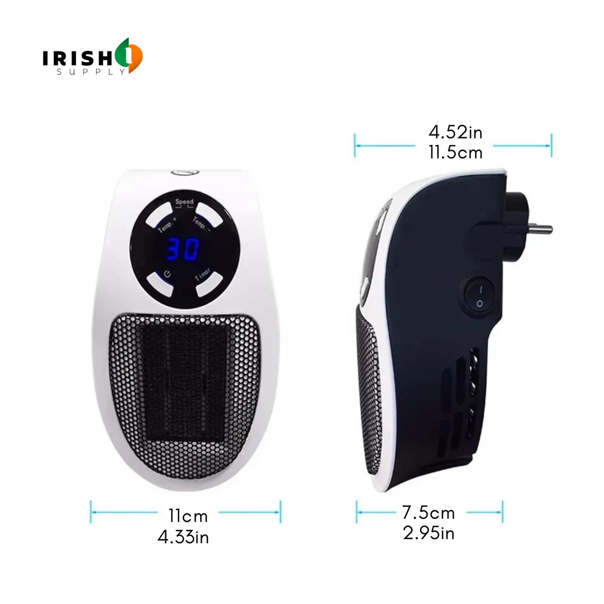 Front and side views of the heater showing its dimensions, with the plug pins and switch visible 9