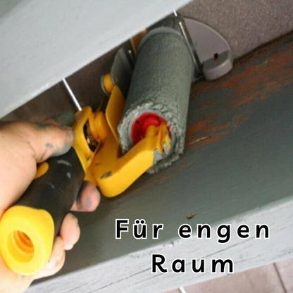 Guide being used upside down to roll grey paint on a wooden beam in a tight, awkward space. 4