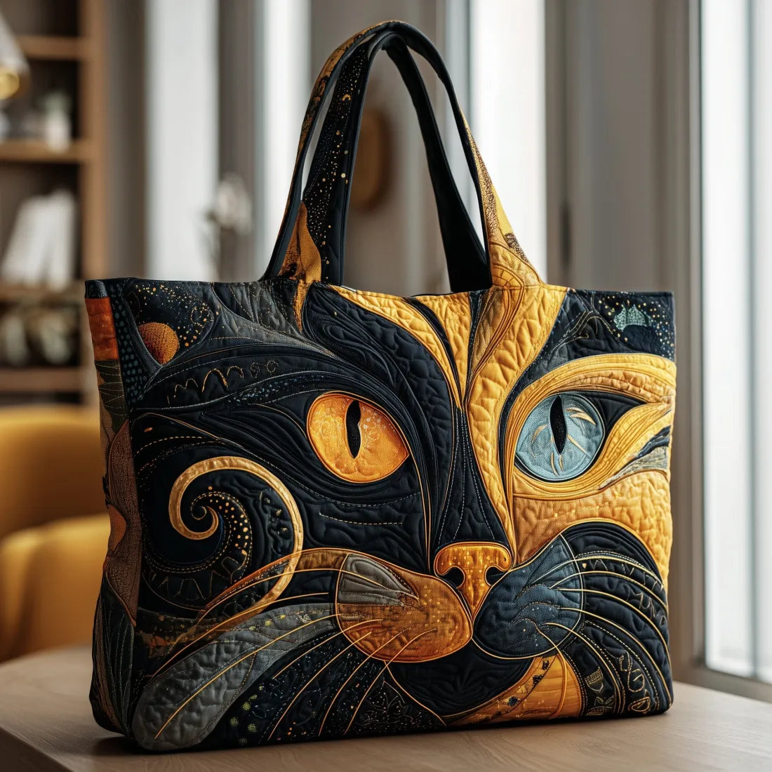 Quilted tote with a black and golden cat face design, standing on a wooden table by a window 1