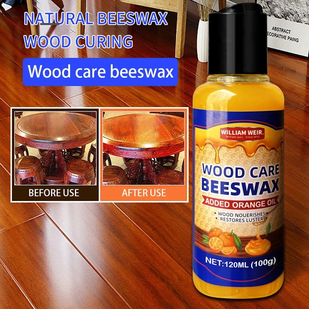 Bottle in front of a glossy wooden floor, with before-and-after pictures of a round wooden table 3