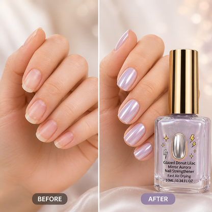 Before and after comparison: bare natural nails on the left, iridescent lilac nails holding the bottle on the right 4