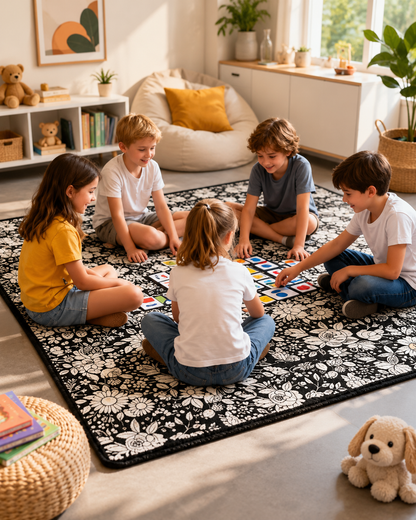 Five children sitting on the black and white floral blanket spread on the floor, playing a card game 4