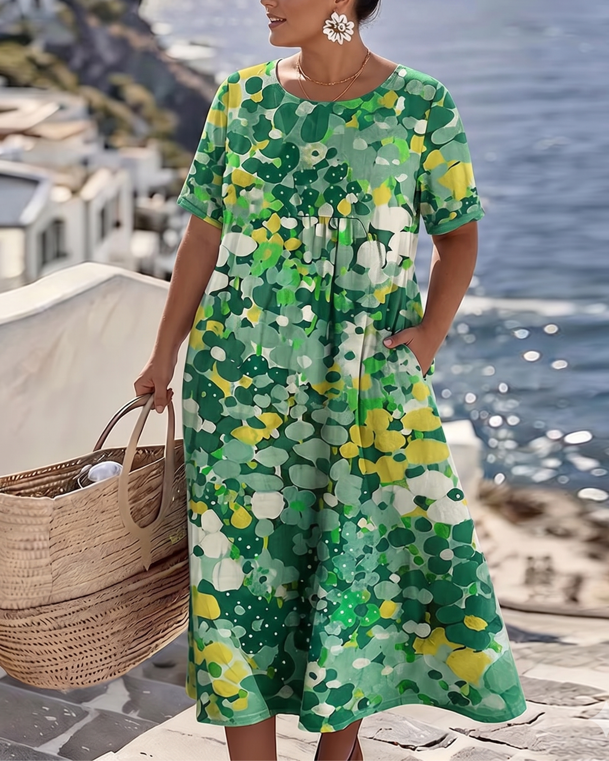 Close three-quarter view of the green floral dress with hand in pocket and gold necklace 6