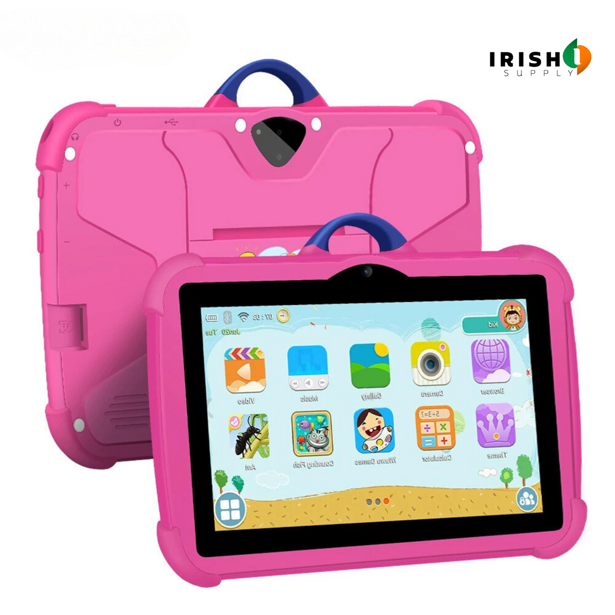 Pink tablet front and back together, showing the carry handle, rear camera and a child-friendly home screen 8