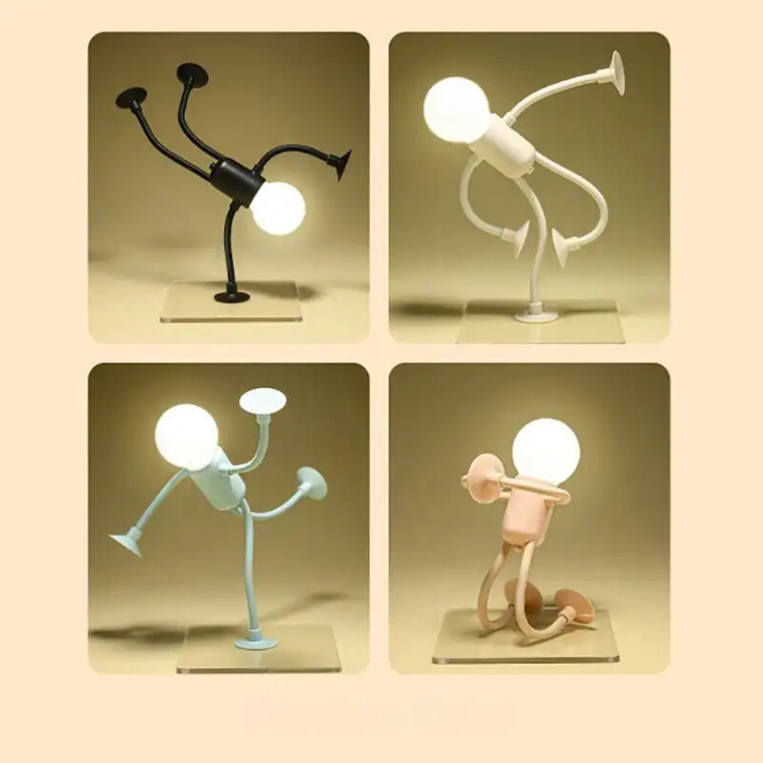 Four-panel grid of the lamp in black, white, light blue and pink, each bent into a different pose on a clear base. 12