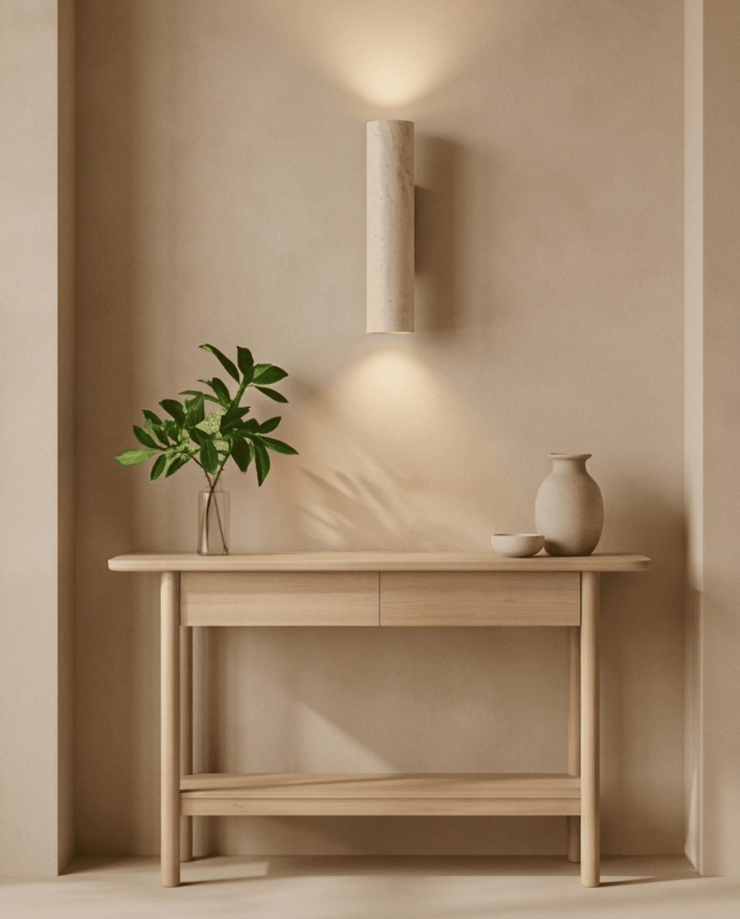 Lit travertine wall light above a pale wooden console table with a leafy plant and ceramics 3