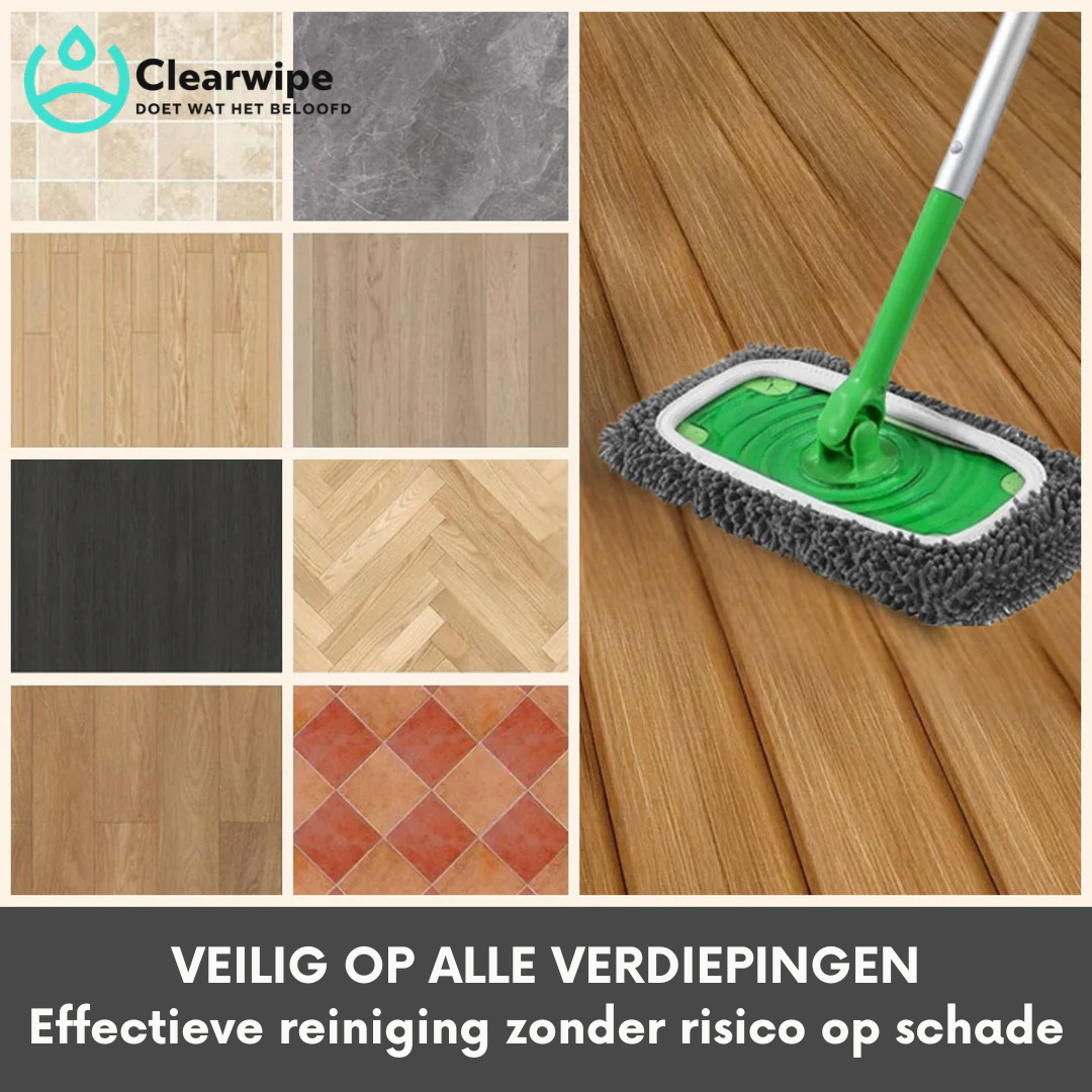 Green flat mop with grey chenille pad on a wooden floor, beside a grid of eight floor types. 3