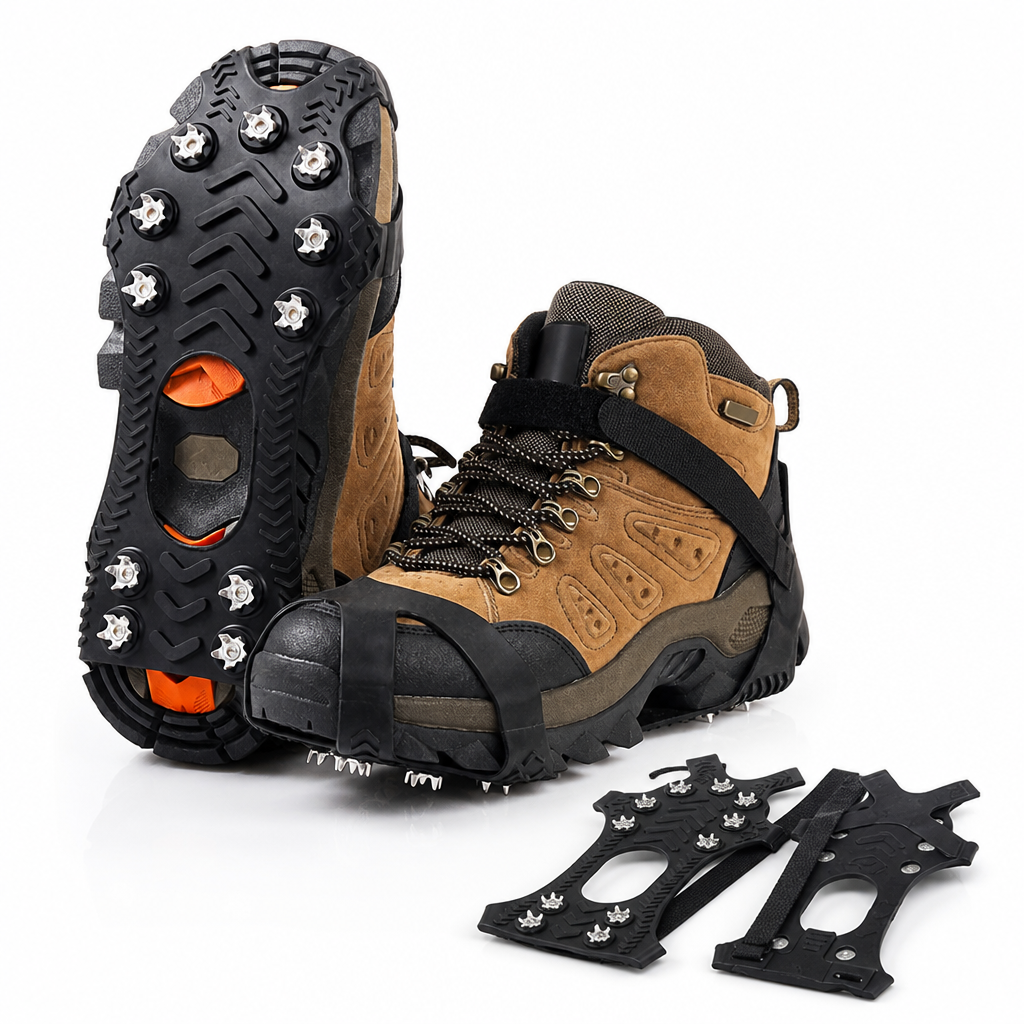 Hiking boot wearing the cleats beside an upturned sole, with the two unworn cleats laid flat in front 4