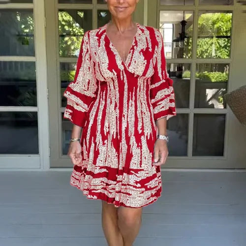 Autumnal & Stylish Ladies' Dress with V-neck and 3/4-length sleeves – Elina