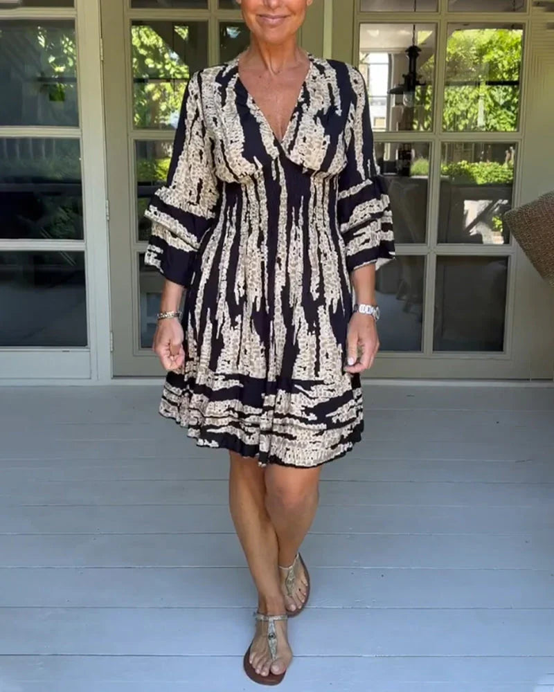 Autumnal & Stylish Ladies' Dress with V-neck and 3/4-length sleeves – Elina