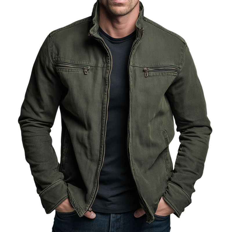 Man wearing the olive green zip jacket open over a black tee, cut out on white 1