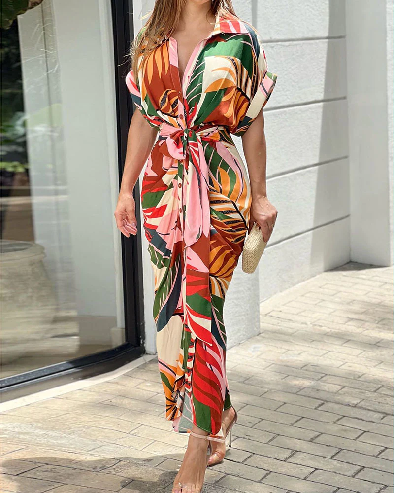 Summer maxi dress with collar and waist pleats – Mirella