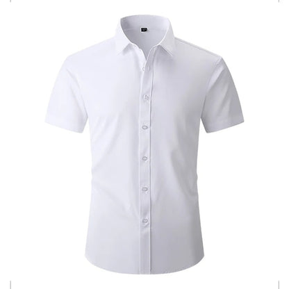 White short-sleeved shirt shown from the front, buttoned up with a pointed collar 1