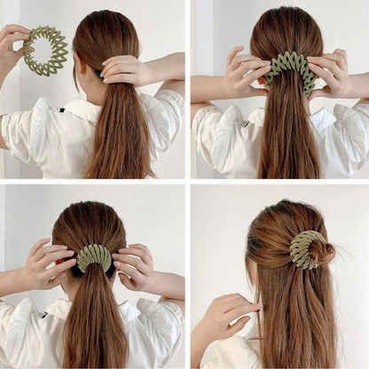 Step-by-step collage of an olive green clip being opened, slid over a ponytail, then twisted into a half-up bun. 4