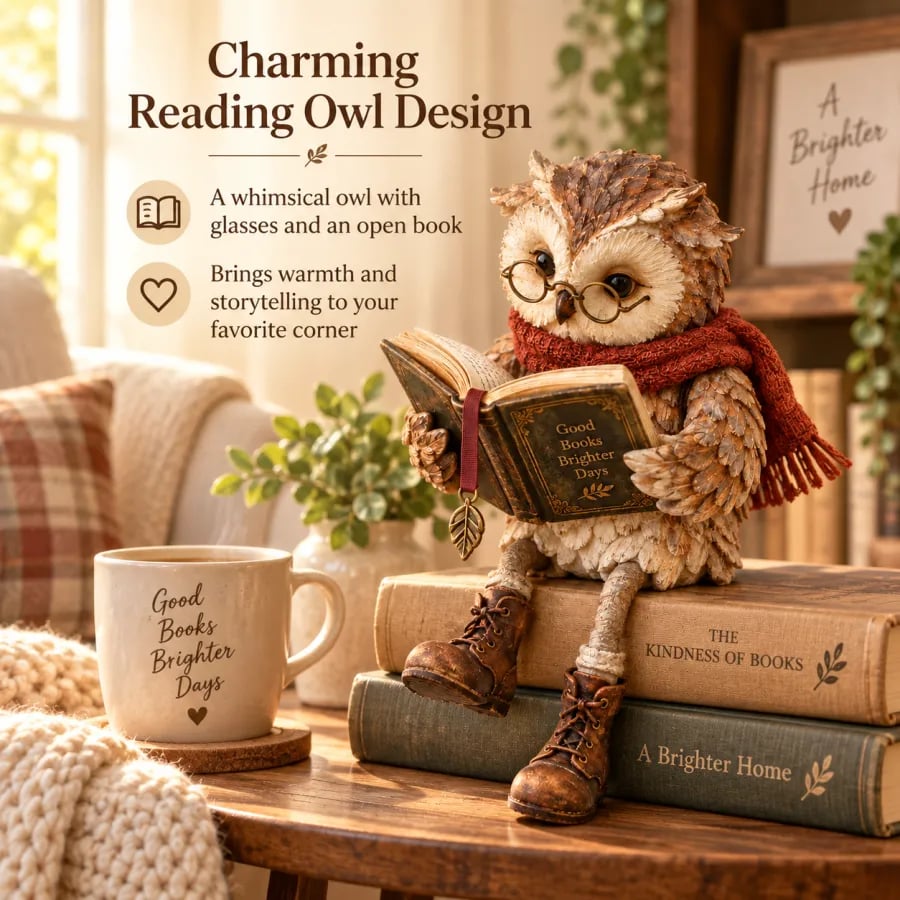 Owl figurine sitting on a stack of books beside a coffee mug and cosy blanket, with feature text beside it. 3