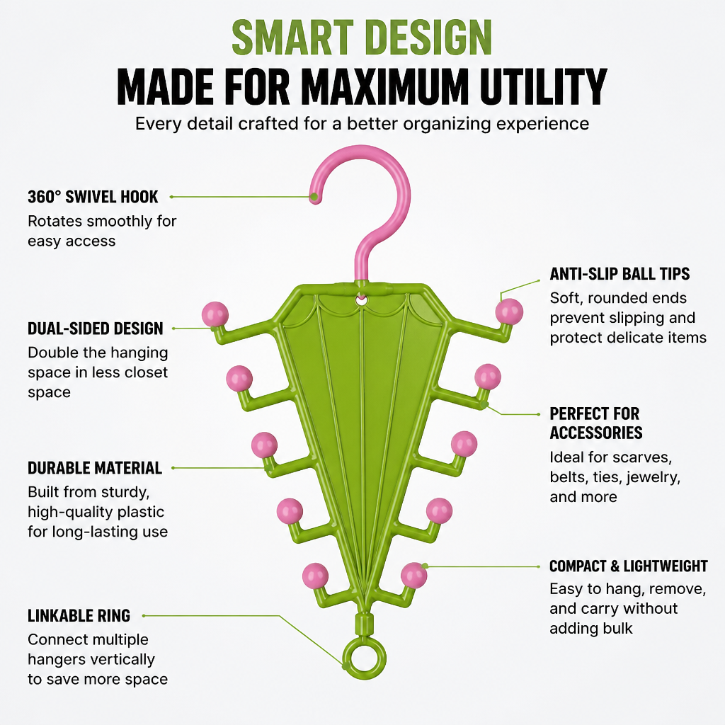 Green umbrella-shaped hanger with pink ball tips and hook, surrounded by labelled design features 8