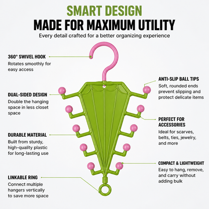 Green umbrella-shaped hanger with pink ball tips and hook, surrounded by labelled design features 8