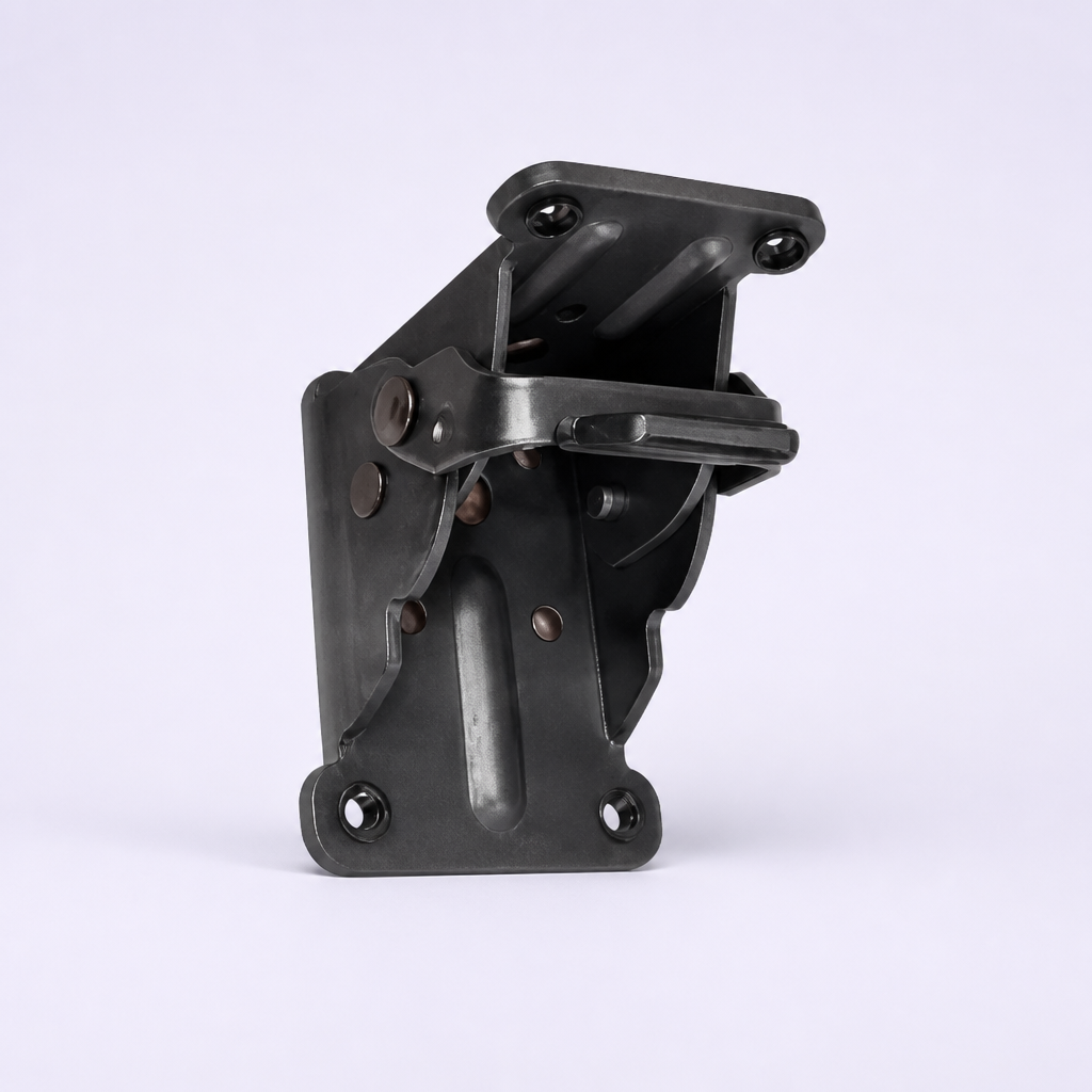 Single dark grey metal bracket on a plain pale background, showing its rivets, screw holes and release lever. 7