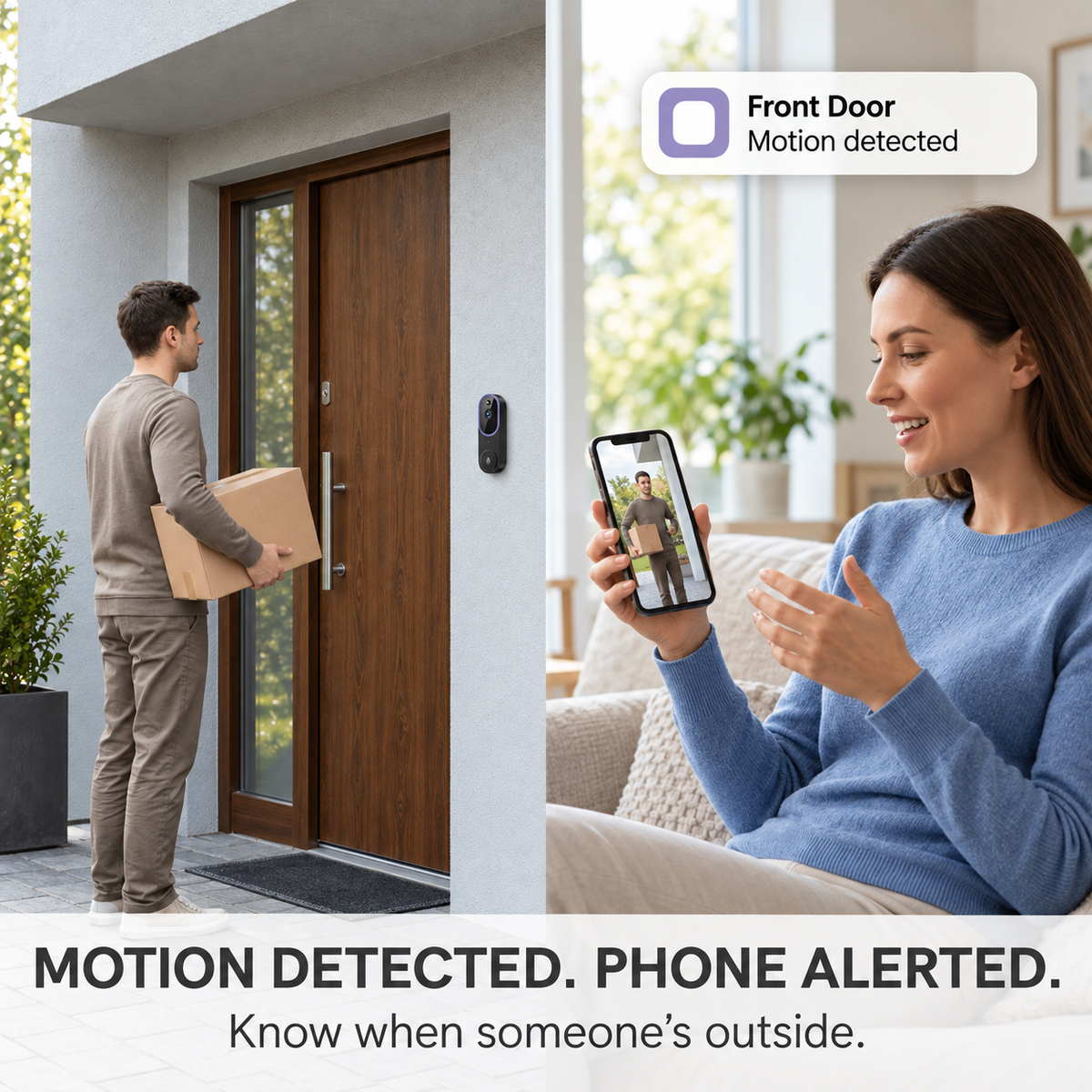 Split scene of a delivery man with a parcel at the door and a woman viewing him on her phone 2