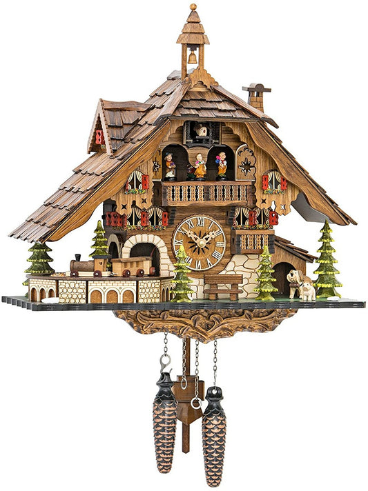 Carved wooden chalet cuckoo clock with shingle roof, bell tower, toy train, dancing figures, fir trees and two pine-cone weights. 1